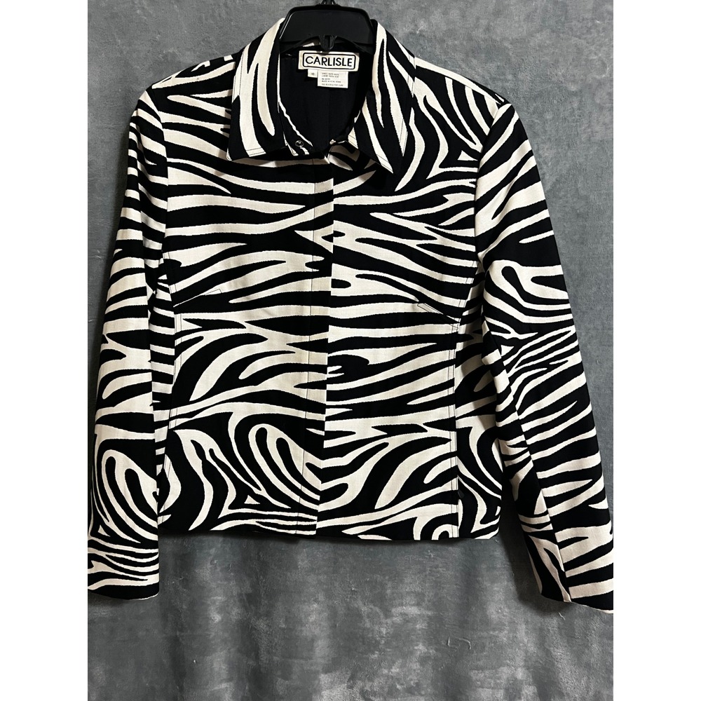 Carlisle 16 Zebra Print Silk Wool Jacket Zip Pockets Cuffs Vintage 80's 90's